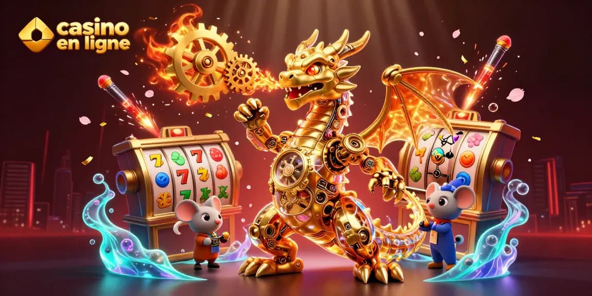 Vivez l'expérience du casino en ligne avec un dragon mécanique doré, des machines à sous et des éléments festifs.