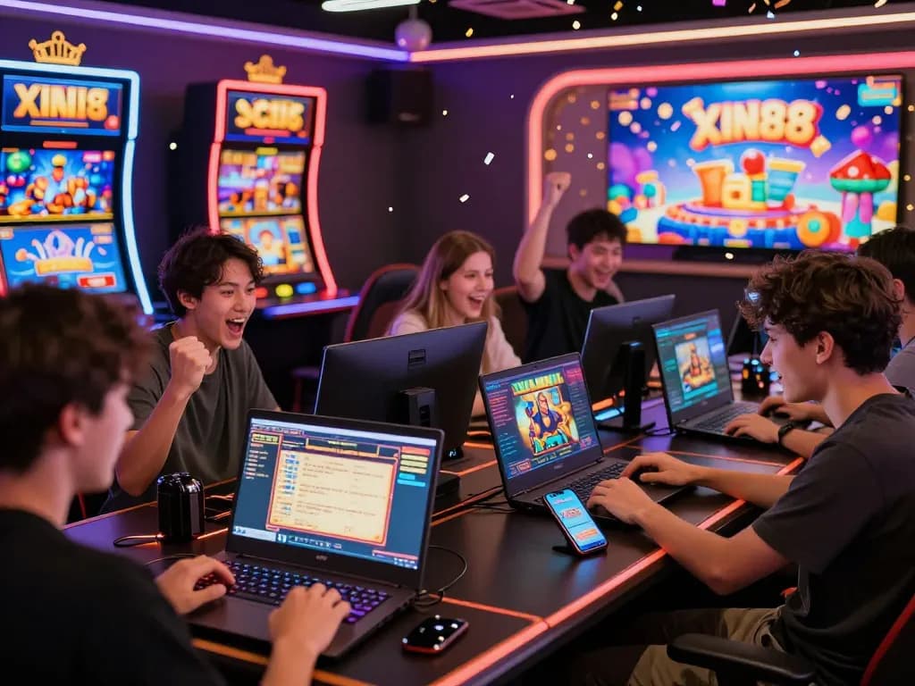XIN88 online gaming players enjoying vibrant live casino and slot games in a celebratory atmosphere.