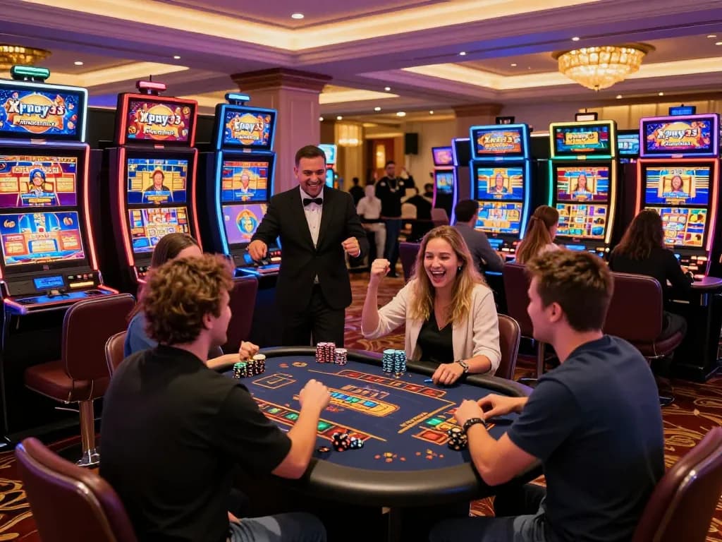 Exciting xpay33 promotion at a bustling online casino showcasing vibrant slot machines and players celebrating wins.