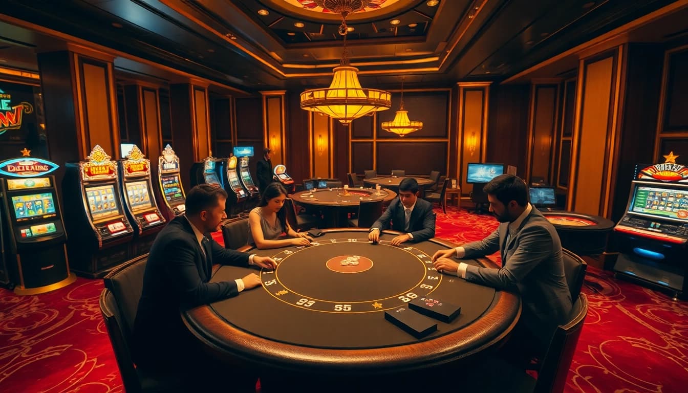 Aksi poker bertaruh tinggi yang menampilkan elemen Server Thailand, menyoroti permainan intens dan dekorasi kasino mewah.