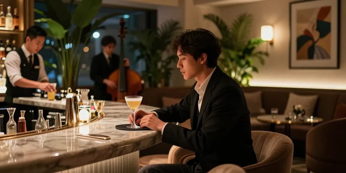 강남 쩜오에서 제공하는 고급스러운 바에서 한 손님이 세련된 칵테일을 즐기고 있는 장면, 투명한 주대와 프라이빗한 공간을 강조합니다.