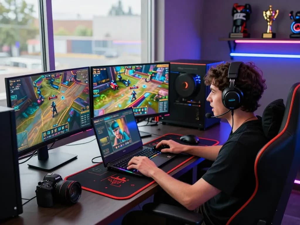 Immersive gaming experience with user engaging in đăng ký nk88, multiple vibrant screens showcasing popular games in a modern setup.