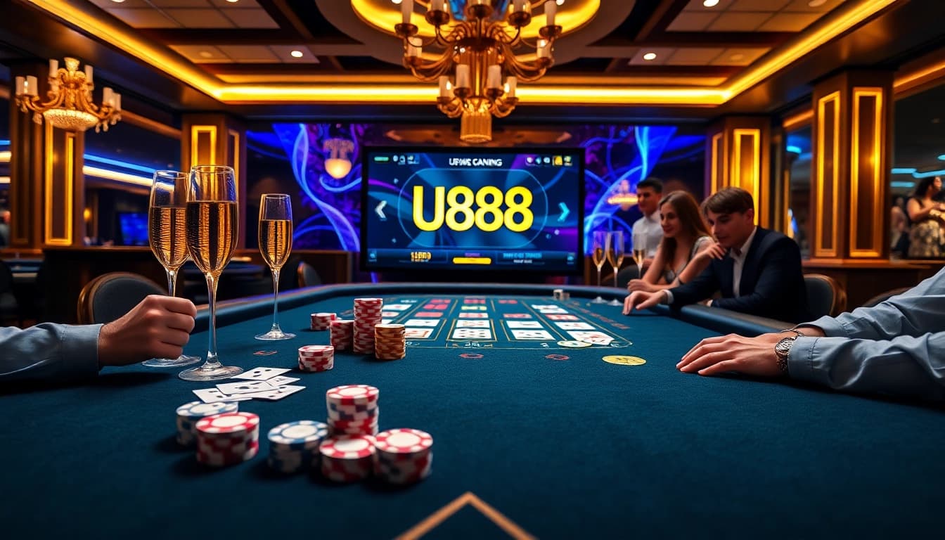 Action-packed U888 online casino moment with vibrant chips and high-quality cards.