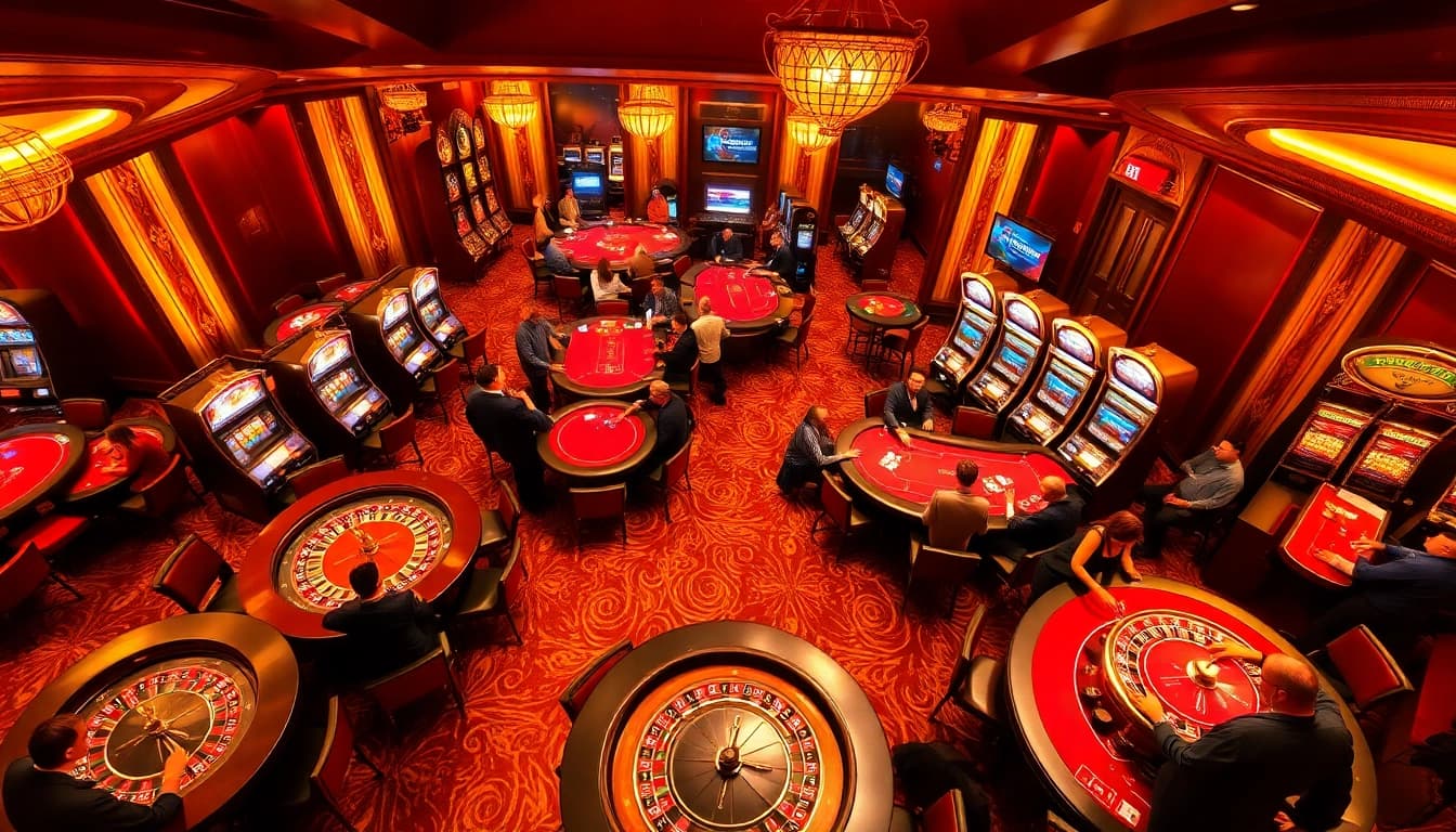 B52 Club's luxurious casino ambiance showcasing engaging poker games and vibrant slot machines.
