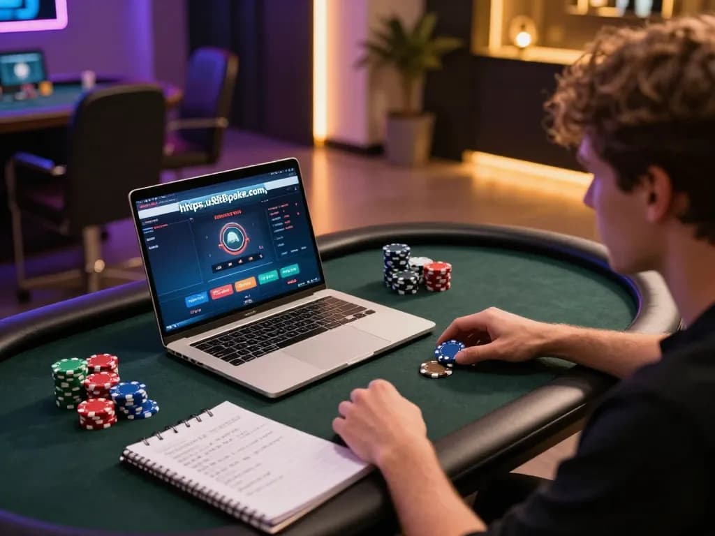 Person engaged in online gaming at home using https://u888poker.com/ for a strategic poker session.