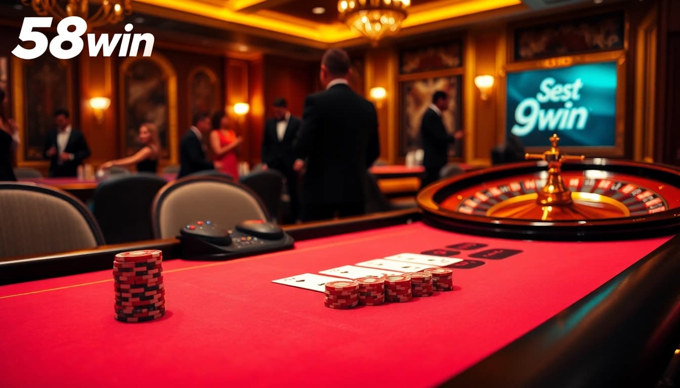 Engaging scene of a casino poker table showcasing 58win branding, with vibrant chips and cards.