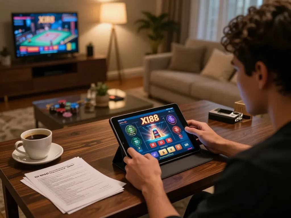 Player engaged with the XI88 casino app on a tablet, surrounded by strategic notes for successful betting.