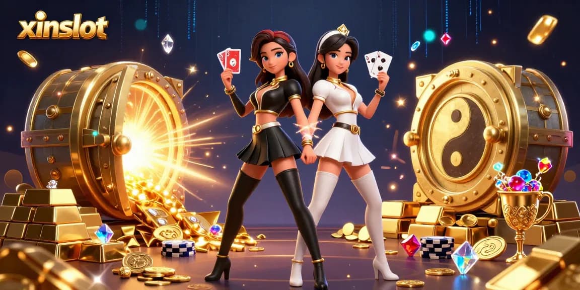 XINSLOT players enjoying the excitement of dynamic casino and gaming elements in a rich 3D illustration.