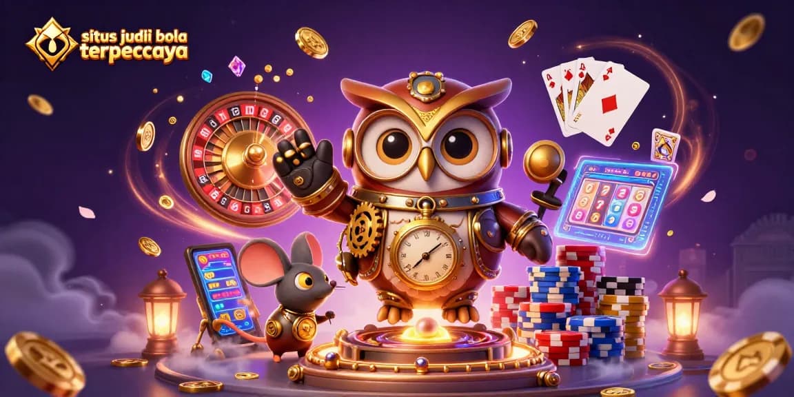 A colorful 3D illustration showcasing situs judi bola terpercaya with a steampunk owl and mouse in a vibrant casino setting.