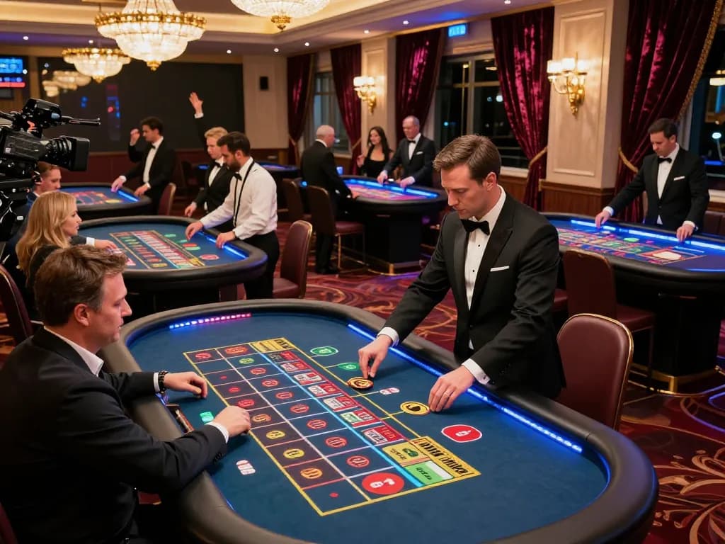 RR88 players celebrating wins at roulette table in luxurious casino environment.
