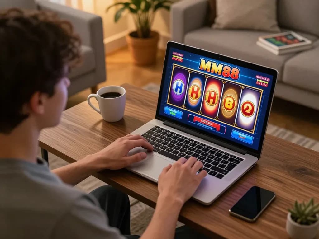Engaging in MM88 slots gameplay from a comfortable home setting, showcasing strategic online gambling.