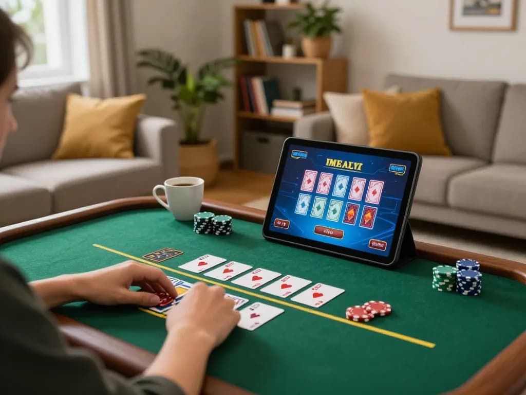 XX88 online blackjack gameplay displayed on tablet in cozy home setting, showcasing gaming excitement.
