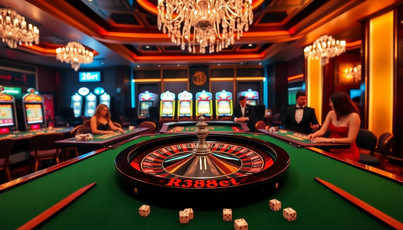 Players enjoying a thrilling game at 28bet's luxurious casino tables with vibrant activities.