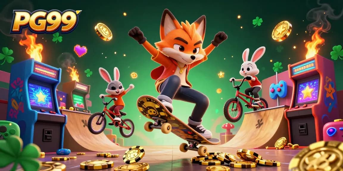 PG99 showcases excitement with a thrilling fox and rabbit skateboarding duo amidst glowing casino games.