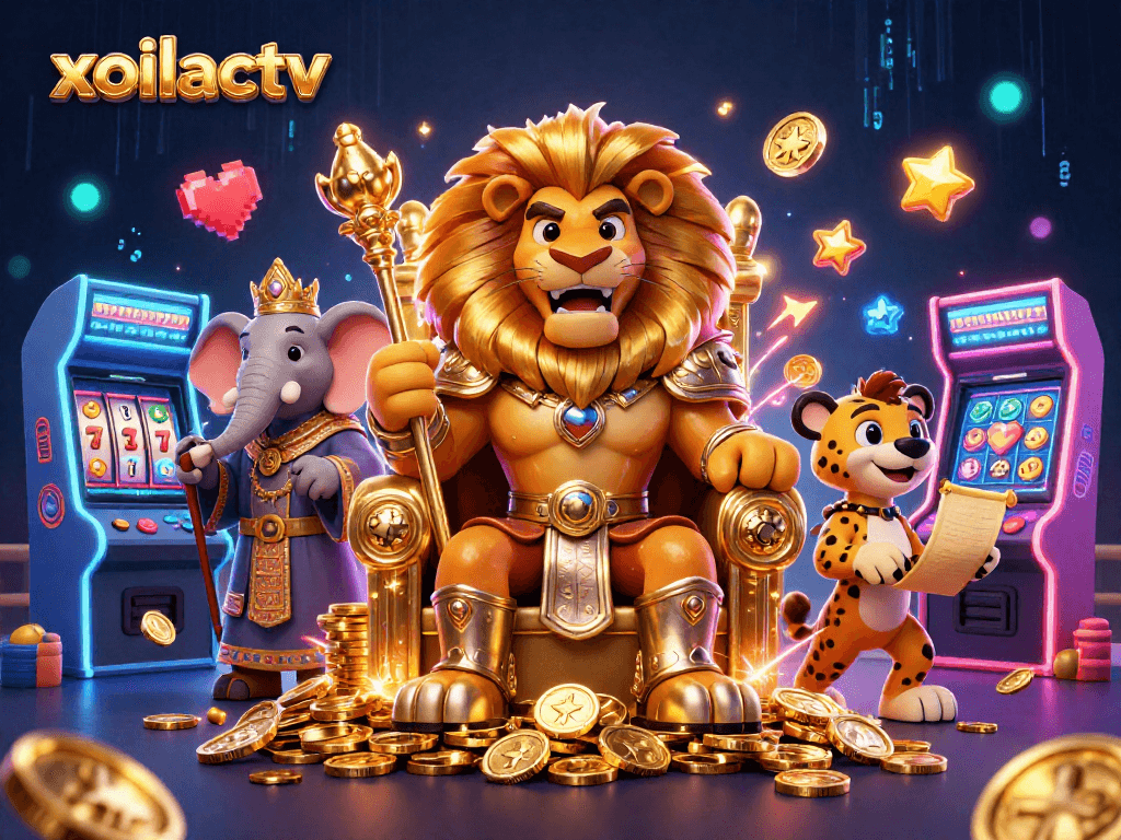 Play exciting games with xoilactv, featuring a lion king on a coin throne amidst vibrant casino elements.