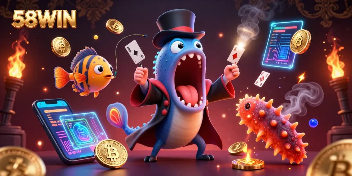 Experience casino magic with the vibrant 58WIN scene featuring an eel, anglerfish, and sea cucumber.