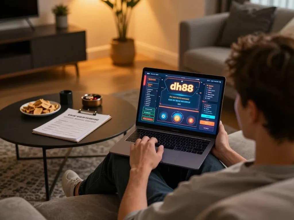 Engaging with dh88 game on a laptop during a cozy online casino session at home.