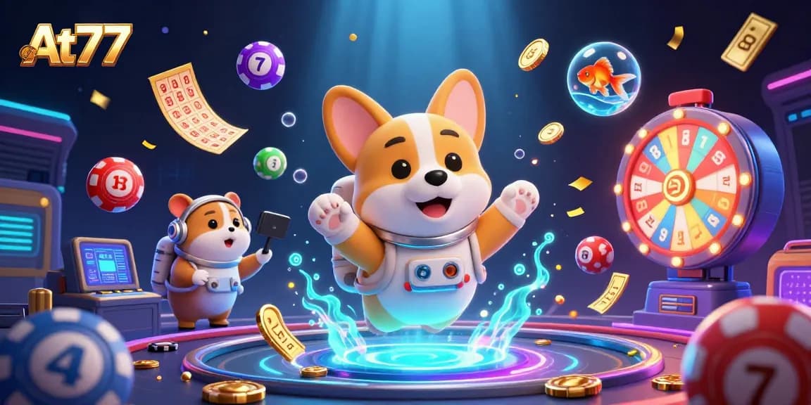 At77 offers a vibrant casino experience with a 3D corgi astronaut in a zero-gravity setting.