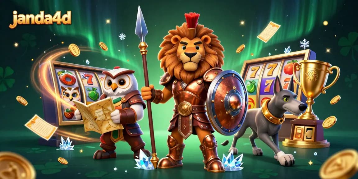 janda4d menang besar di dunia kasino dengan simbol slot berkilau dan karakter heroik dalam ilustrasi 3D