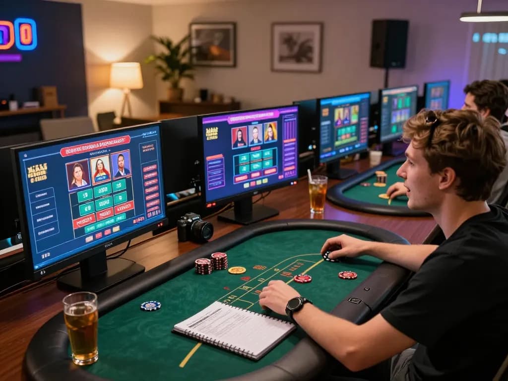 Engaged player enjoying online gaming at nhà cái mm88 with multiple screens showing casino games, emphasizing strategic gameplay.