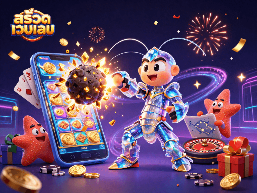 Experience exciting สล็อตเว็บตรง gaming with a galactic shrimp battling for treasures amidst dazzling casino elements.