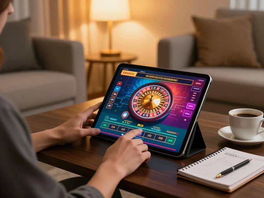 BK888 online gambling setup with a person playing roulette on a tablet in a cozy home environment.