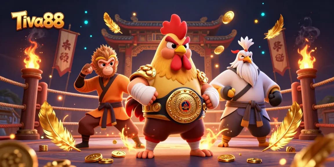 Tiva88 showcases fierce characters in a vibrant 3D gambling scene, blending martial arts and casino action.
