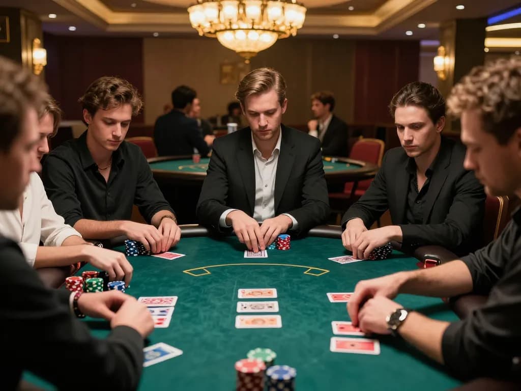 Players at a poker table strategizing in a vibrant casino atmosphere, showcasing 주소모음 of key gaming moments