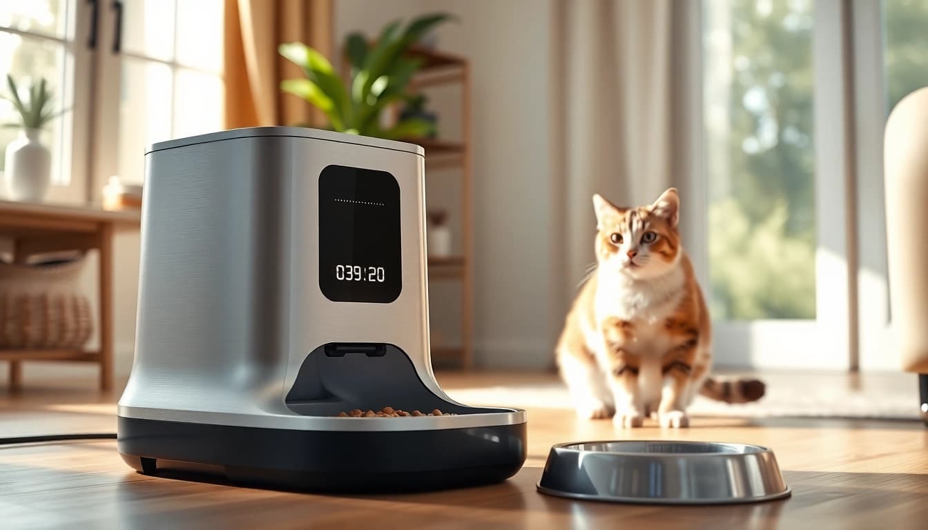 Automatic cat feeder in a cozy home setting with a playful cat observing.