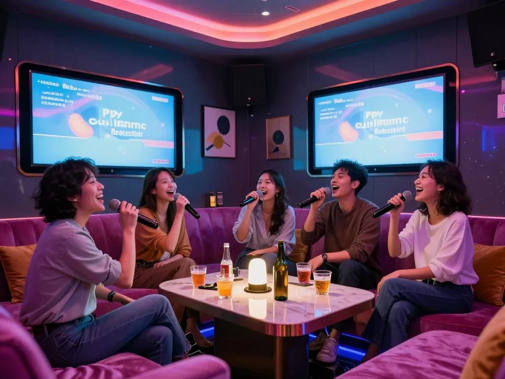강남퍼펙트 노래방의 활기찬 장면, 친구들이 스타일리시한 개인 방에서 다채로운 LED 조명이 가득한 곳에서 마이크를 잡고 노래를 부르고 있습니다.