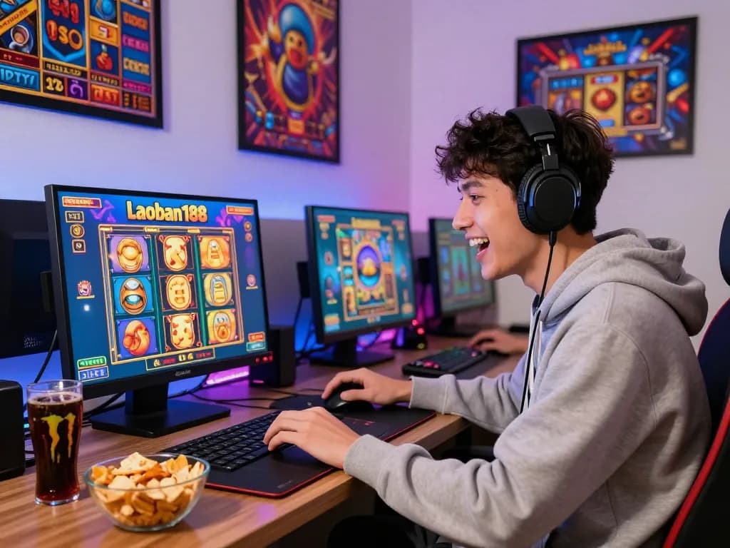 Pemain menikmati permainan slot online laoban188 di laptop modern dengan grafik yang hidup, dikelilingi oleh peralatan permainan.