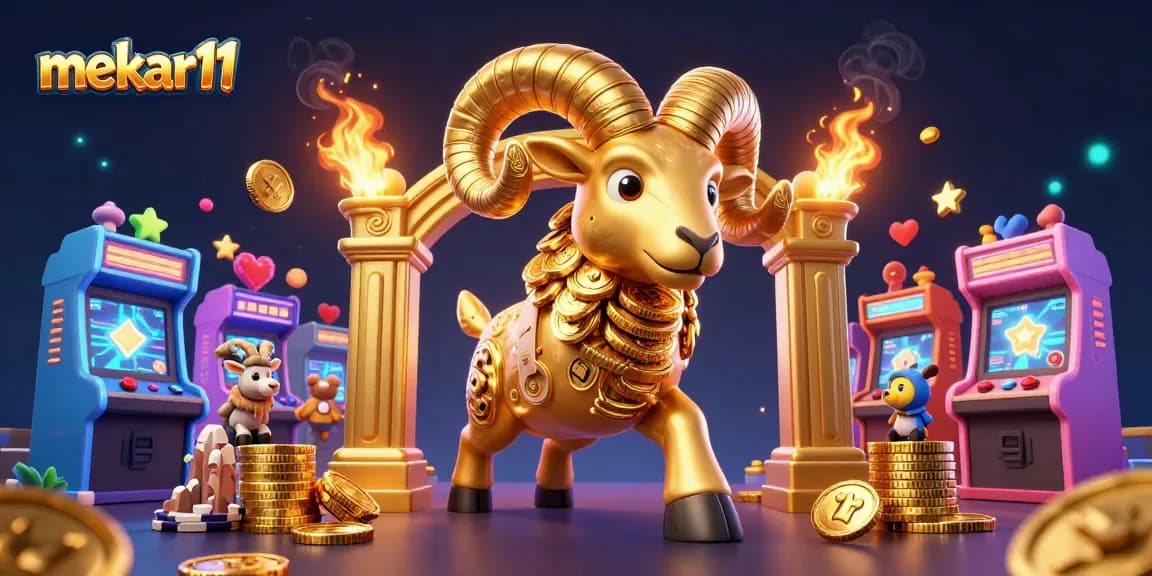 Mekar11 engages players with striking visuals of a golden ram charging amidst vibrant casino elements and arcade games.