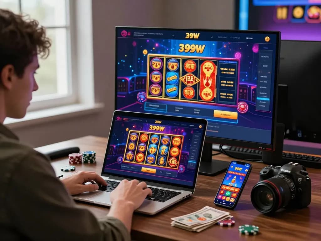 Player engaging with the 399W online gambling platform, showcasing vibrant casino games and betting excitement.