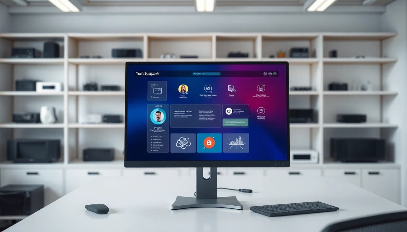 Engage with 向日葵官网, showcasing a modern tech support interface in a sleek office environment.