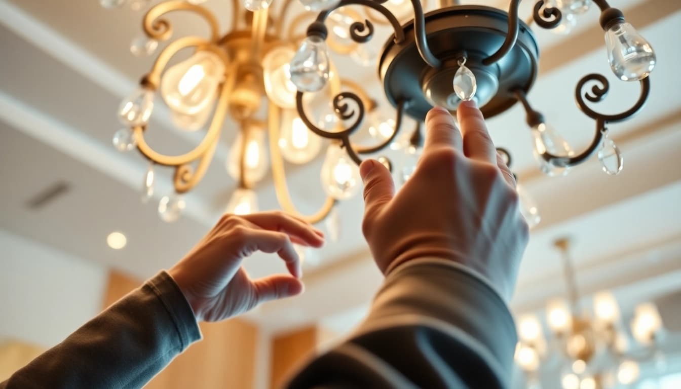 Technician performing lighting service maintenance on beautiful chandeliers in a modern interior.
