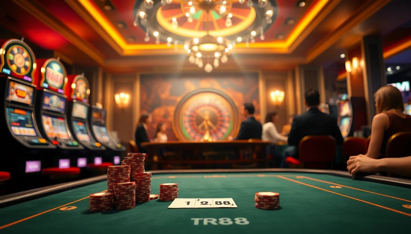 Experience the thrill of gambling at TR88 with a vibrant casino scene featuring poker, roulette, and slot machines.