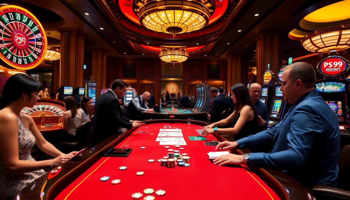 Players engaging in thrilling action at a PS99 casino table, showcasing excitement and strategy.