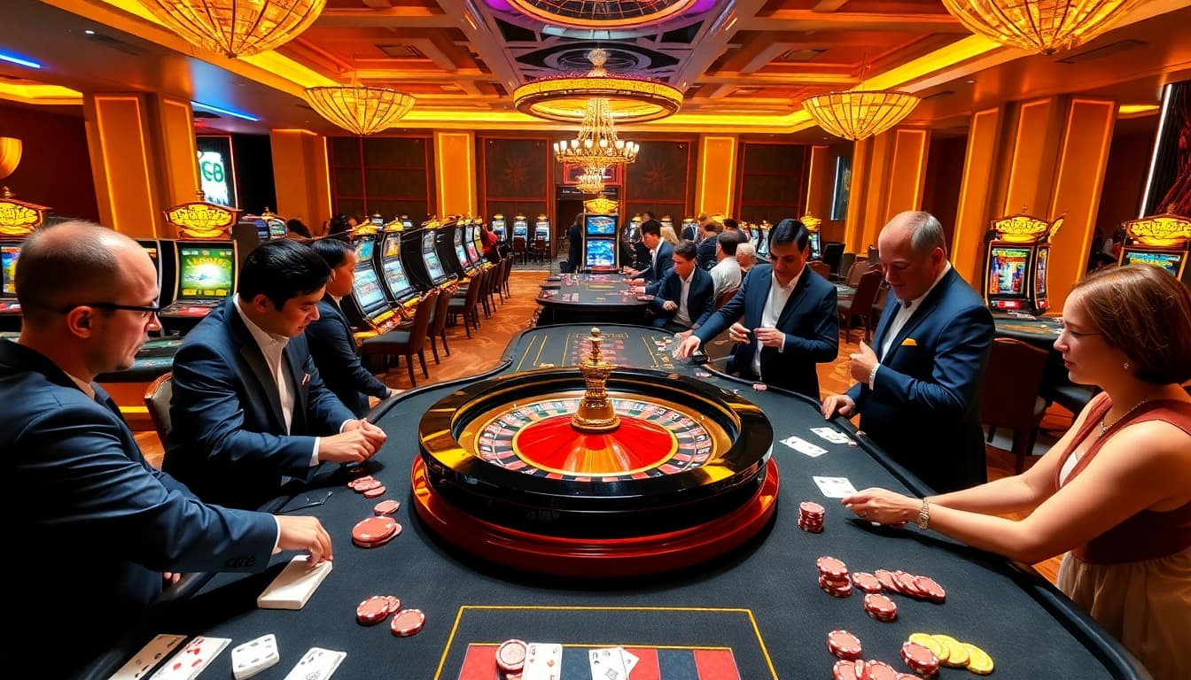 Players enjoying high-stakes gambling at LC88 casino with roulette wheel and poker table.