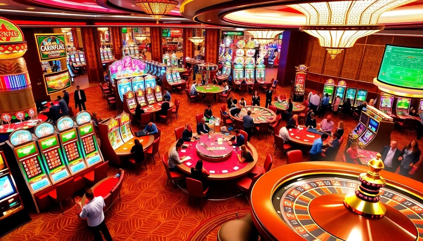 Experience the vibrant gambling world of KJC AC 1 with players enjoying casino tables and slot machines.