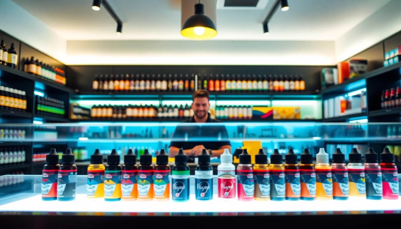 Browse premium vape products at Vape Juice Depot in a lively shop setting.