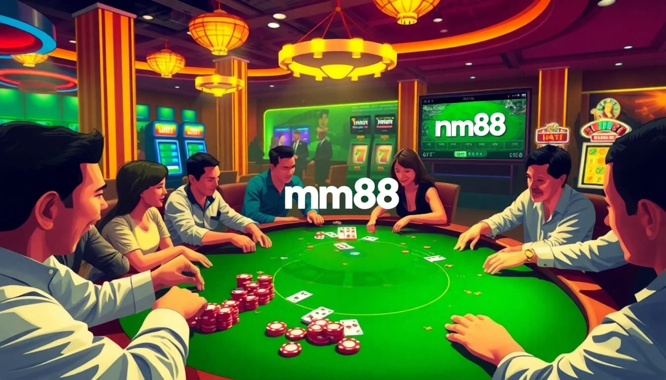 Experience the thrill of mm88 at a lively poker table with colorful chips and intense players in action.