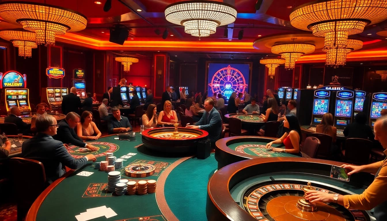 Experience thrilling gambling action in this vibrant casino scene featuring 'caffolding Bolton' promotional banners amidst the excitement of poker and roulette.