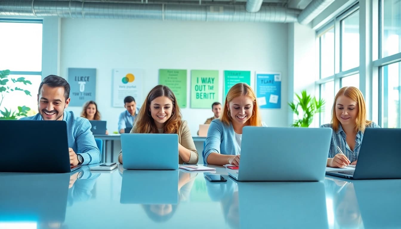 Engaged individuals filling out online surveys at https://enqueteplein.nl in a bright, modern workspace.