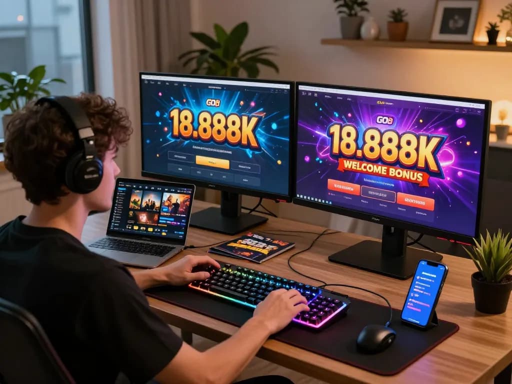 Player engaging with GO8 online platform at home, showcasing vibrant interface and gaming accessories.