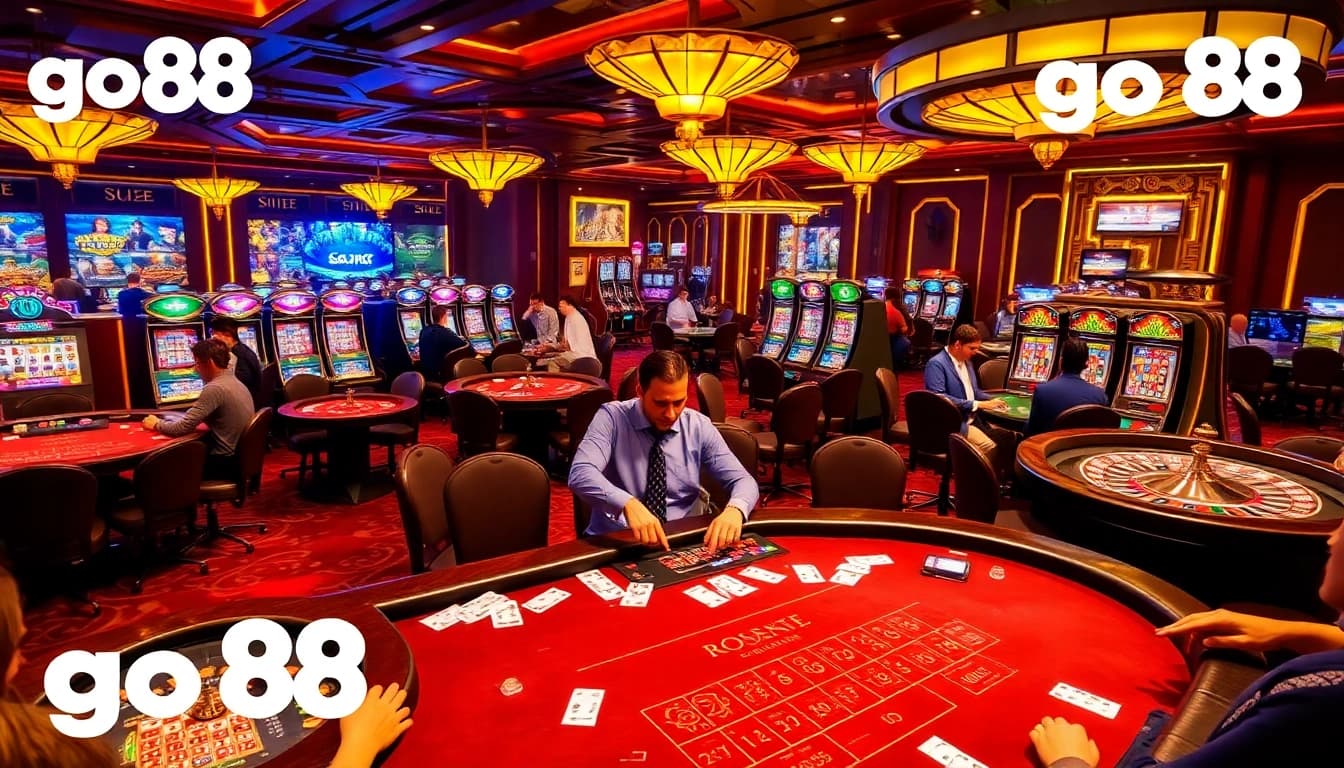 Players enjoying a game at go88 casino tables with colorful slot machines and poker chips.