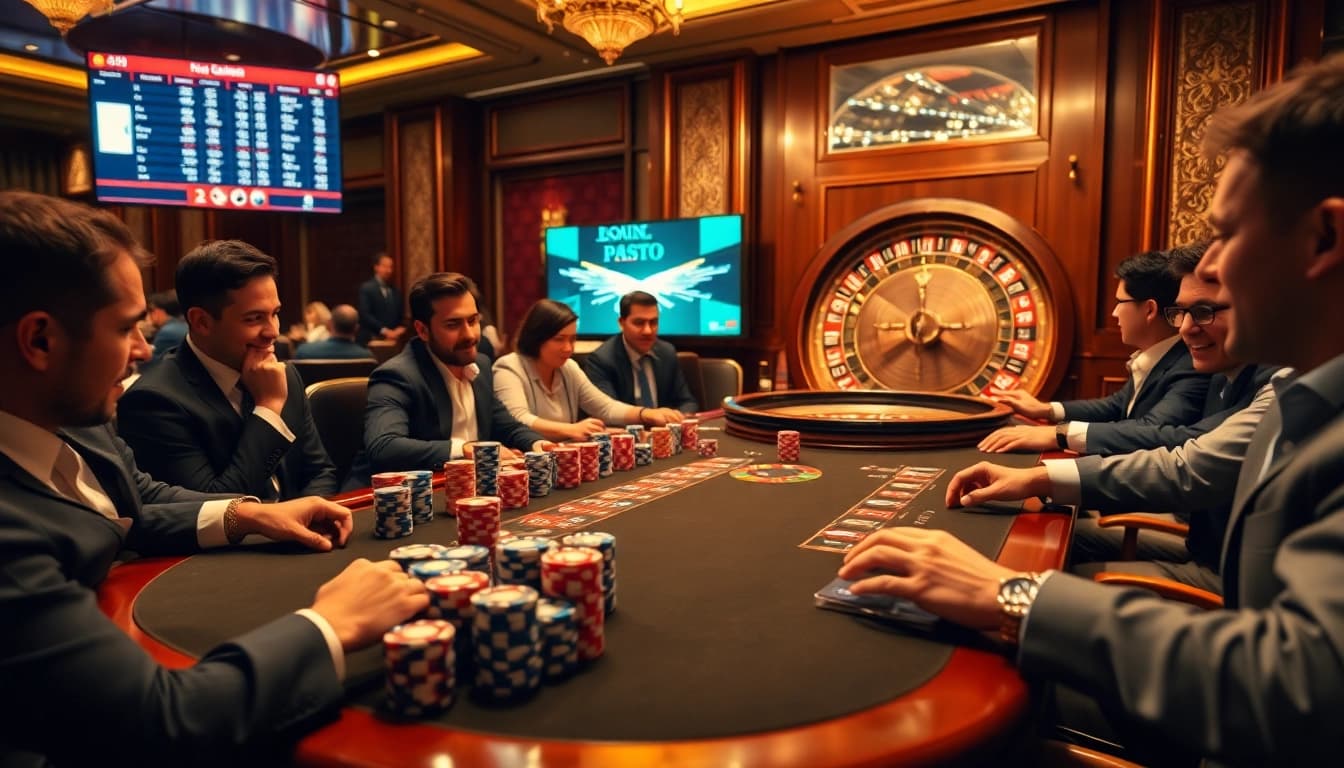 Gamblers engaging at a poker table while using Anchortext 1 for strategic betting insights.