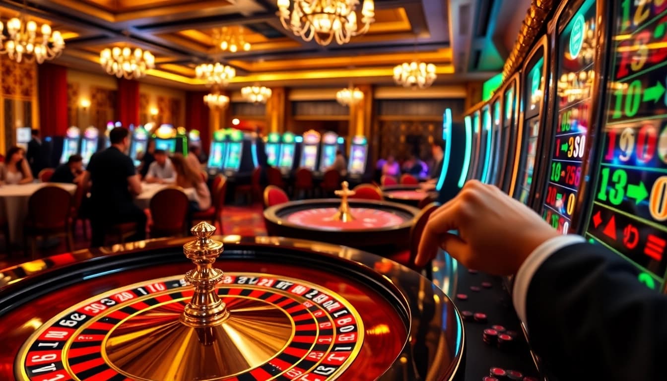Experience the thrill of Slot Terpercaya with players enjoying vibrant slots and poker at a luxurious casino.