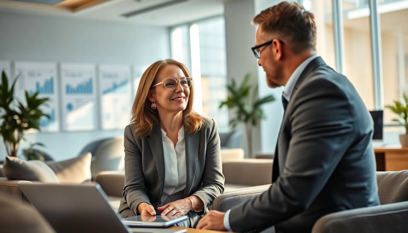 Engaging financial advisor at https://globalwealthscope.com helping clients in a modern office.