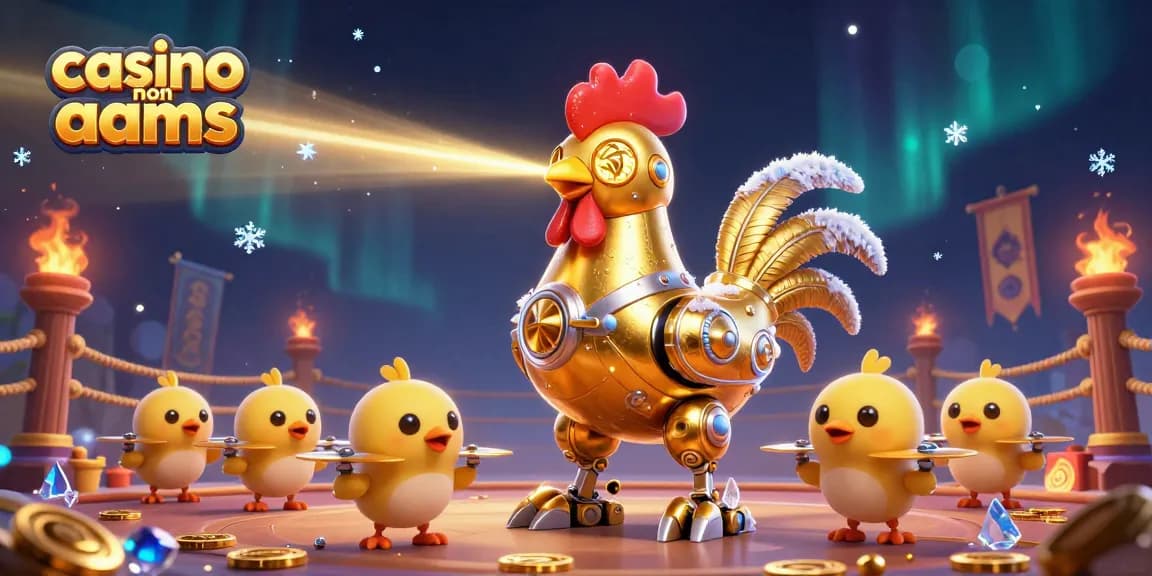Gioca ai casino non AAMS con un robot gallo futuristico, monete d'oro e effetti di fuoco.