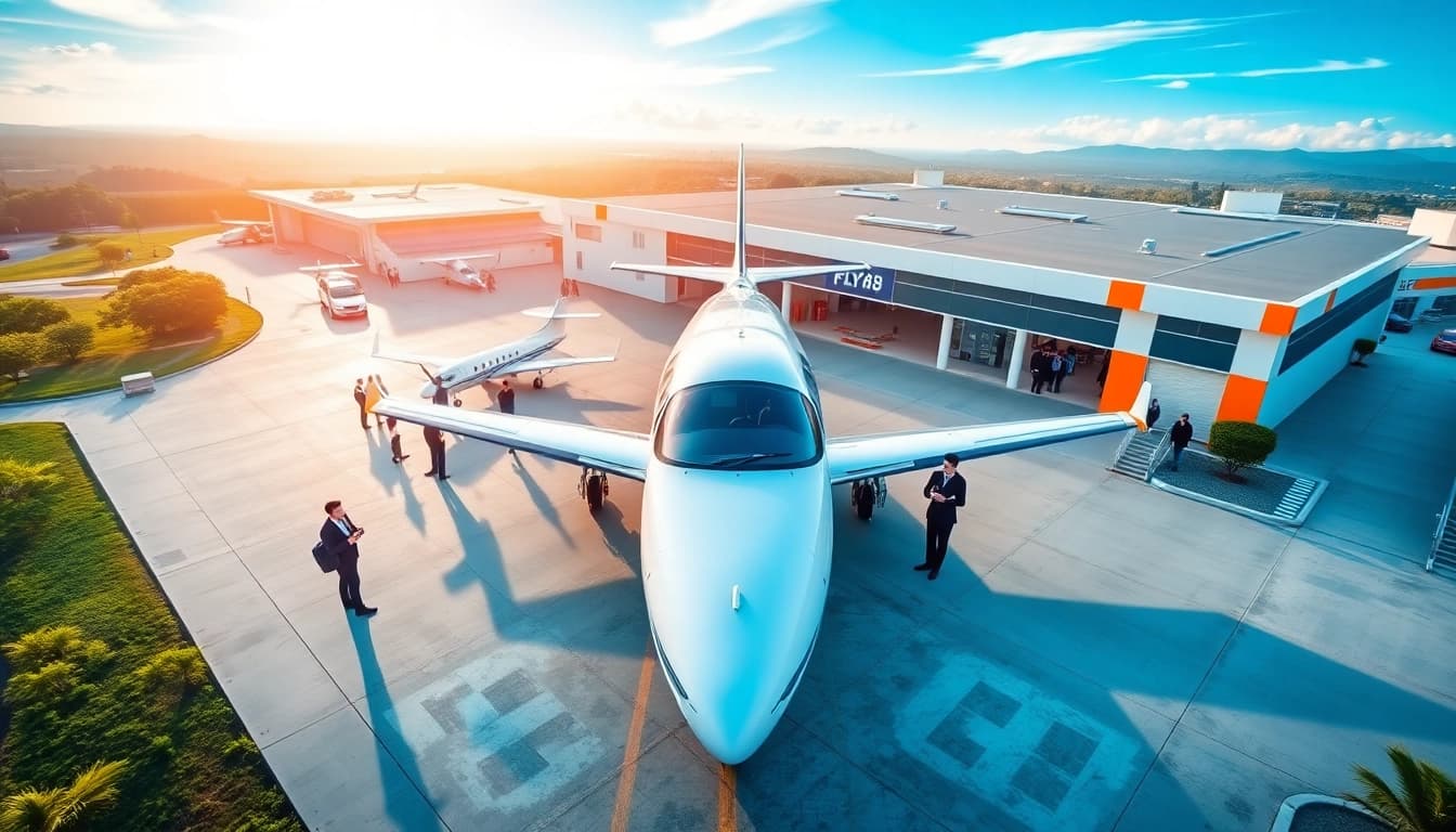 FLY88 aviation school with students training around modern aircraft.